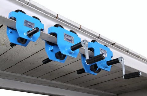 Overhead Push Beam Trolley Heavy Duty 2 Ton Capacity with crank, mounted on crane runway, showcasing manual alloy steel carriage