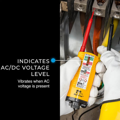 Gloved hand using Vol-Con Solenoid Voltage Tester With Vibration Alert, Continuity Function, AC DC Voltage Detection, CAT III 600V