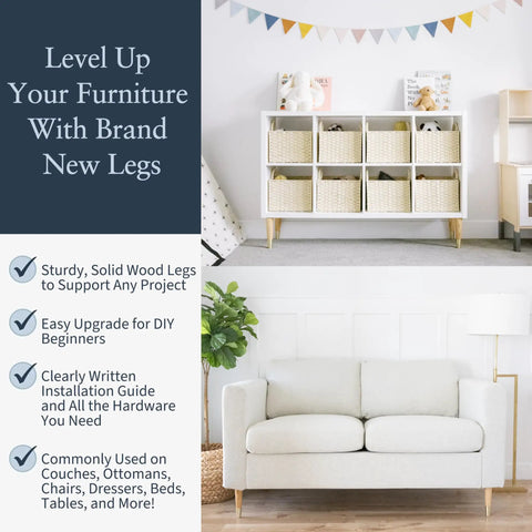 Upgrade Your Pad With Premium Ash Wood Furniture Legs With Gold Caps Full Install Kit Pick Your Size And Finish For Sofas Chairs Desks End Tables Dressers Cabinets And More showcasing in room with sofa and shelf.
