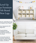 Ash Wood Furniture Legs With Gold Caps Set Of 4 Complete Install Kit shown on white couch and storage unit