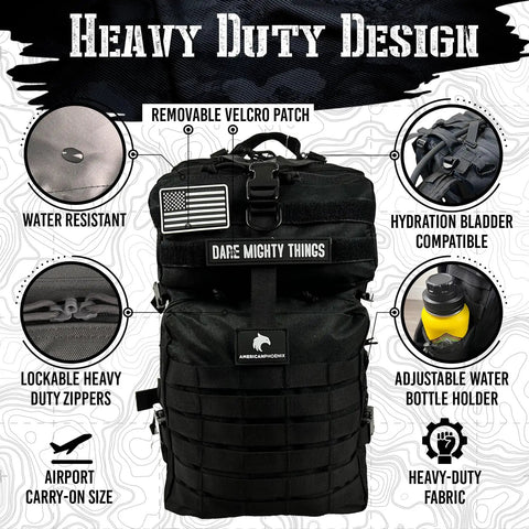 Elite 45L Tactical Backpack For Work And Missions with heavy-duty zippers, hydration compatibility, and MOLLE system, carbon black.