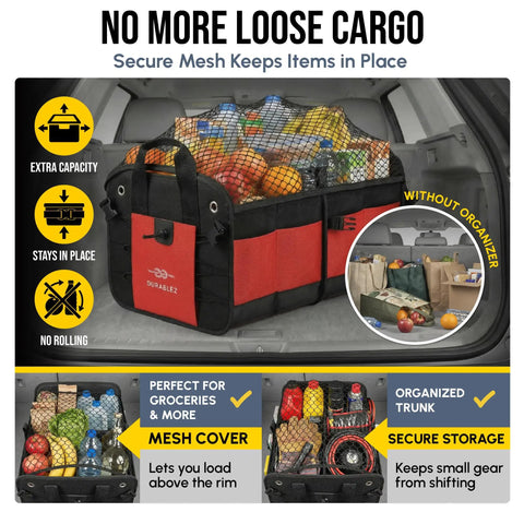 Big XL Trunk Organizer With Four-Section Modular System for extra large car cargo storage, foldable bin for groceries, high-density, red.