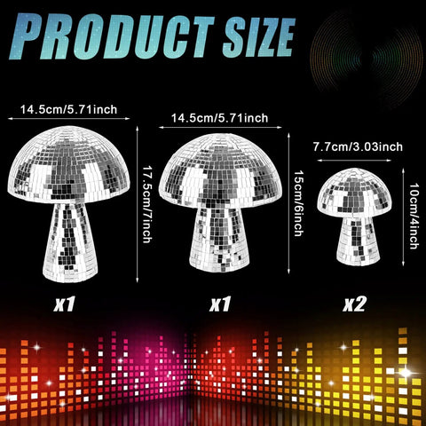 Mushroom Disco Ball Set Of Four, Silver Mirror Glitter Balls For Stage And Home Party Decor, sizes 4, 6, 7 inches with measurements