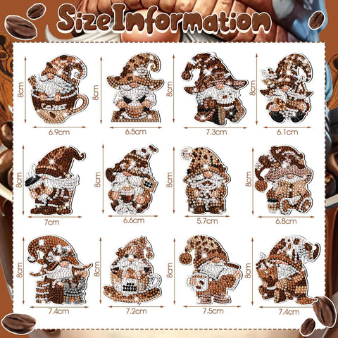 12 Piece Diamond Art Magnets Set With Coffee Gnome Refrigerator Art Easy DIY Diamond Painting Magnets Kit displayed with sizes