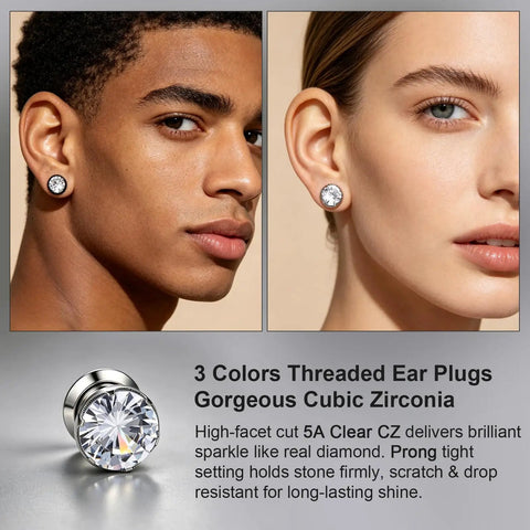 316L Stainless Steel Screw In Ear Tunnels With AAA Plus Cubic Zirconia Gems Sparkling Gauges That Look Dope For Everyday Wear Or Special Occasions Hypoallergenic Piercing Jewelry That Stays Comfortable And Secure, front view on model