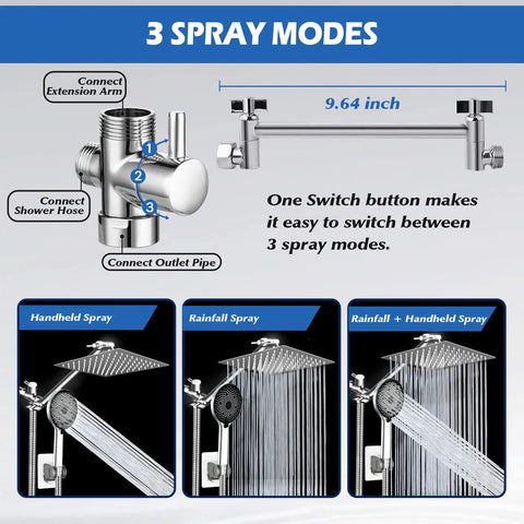 Diagram showing 3 spray modes of 8 Inch Rain Shower Head With Handheld Spray Combo 11 Inch Angle Adjustable Extension Arm High Pressure Shower System