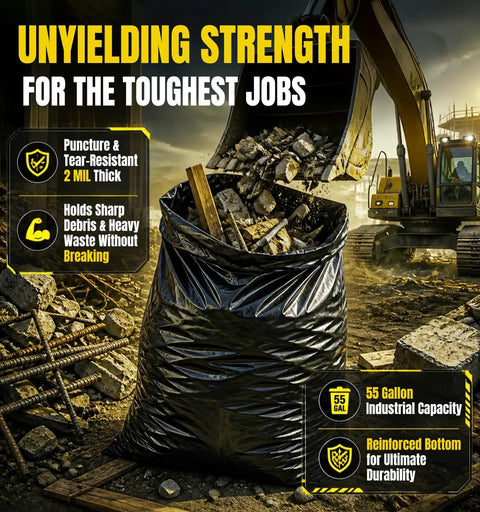 Beefed-Up Heavy Duty 55 Gallon Contractor Garbage Bags 2 Mil Thick, Black, 30 Count holding construction debris.