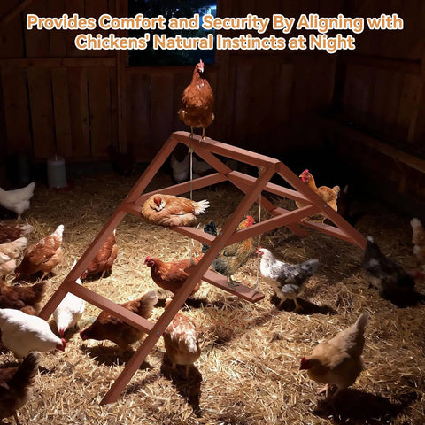 Wooden Chicken Perch And Roosting Bars For 10 To 12 Chickens, 3 Layer Fir Design With Swing in dimly lit coop