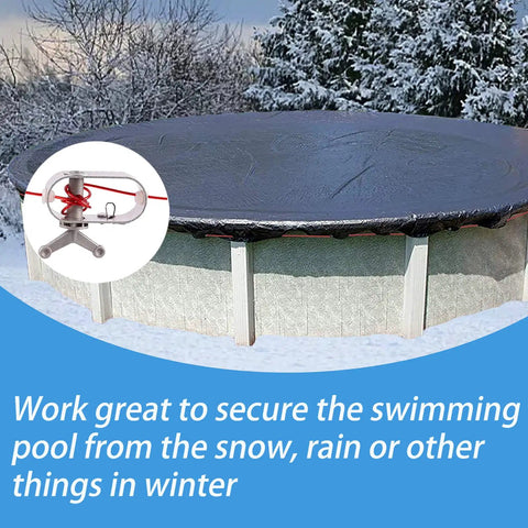 Easy To Install Pool Cover Cable And Winch Kit For Above Ground Pools, 100 Feet Of Heavy Duty Cable with a pool view in winter