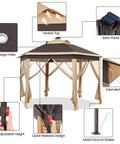 Easy Pop Up 13x13 Patio Gazebo Tent With All Around Mesh Sides And 25 Solar LED Lights Hexagonal Double Vent Three Height Adjustable