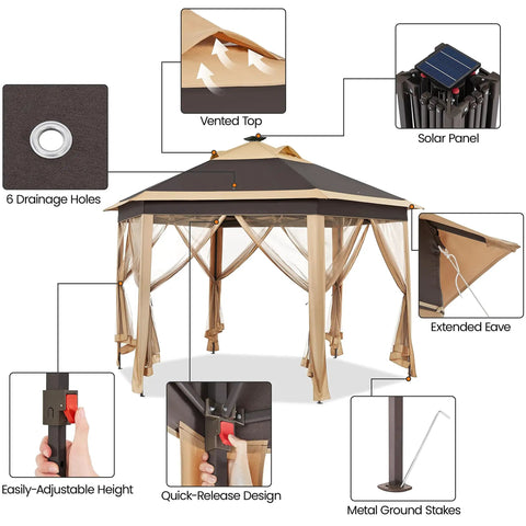 Easy Pop Up 13x13 Patio Gazebo Tent With All Around Mesh Sides And 25 Solar LED Lights Hexagonal Double Vent Three Height Adjustable