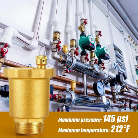 Value Packed Four Pack Brass Automatic Float Valve Three Quarter Inch Male NPT Thread Air Release Bleeder Vent Valve Diaphragm Adapter next to HVAC system