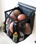 Heavy Duty Basketball Wall Mount Rock Solid Sports Ball Rack holding various sports balls and drinks, 20x18x22 in metal frame.