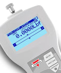 Pro Grade Digital Force Gauge With 2 Lb Capacity And 0.0005 Lb Resolution For Tension Or Compression, Built In MicroSD Card, USB And RS232 Interfaces, Peak And Multi Peak Detection, Backlit LCD With Auto Rotate Display. Close-up of LCD and controls.