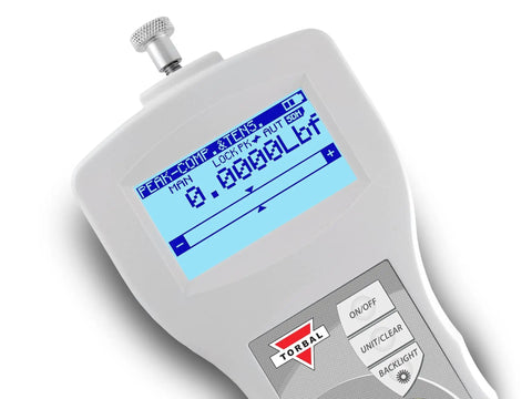 Pro Grade Digital Force Gauge With 2 Lb Capacity And 0.0005 Lb Resolution For Tension Or Compression, Built In MicroSD Card, USB And RS232 Interfaces, Peak And Multi Peak Detection, Backlit LCD With Auto Rotate Display. Close-up of LCD and controls.