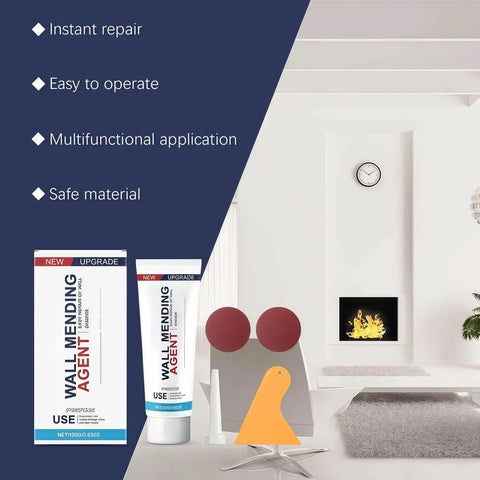 All In One Wall Repair Kit With Spackle And Scraper For Quick Drying And Easy Hole Filling In Drywall Patch Cracks Fast DIY Home Fix While Sanding After Drying For A Smooth Finish No Mess 100g, shown with packaging and spackle tube in modern living room setting