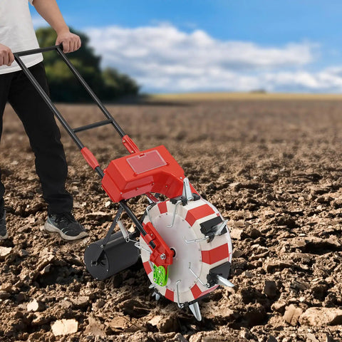 Person using Hand Push Garden Seeder With 7 Nozzles Adjustable Depth 1.38 To 3.07 Inches 9.06 Inch Row Spacing in a field