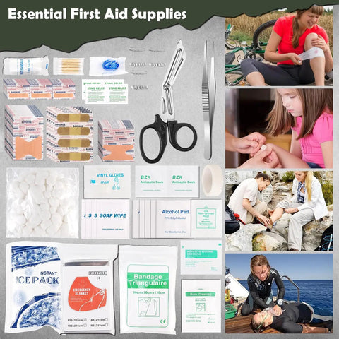 320 Piece Survival Kit First Aid Kit Gear For Camping Hiking Car Home Office with tactical MOLLE pouch, tools, and medical supplies.