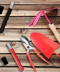 Two Piece Garden Tool Sharpener Kit For Knives Hedge Shears Pruners Scissors Loppers And More with tools on wooden background