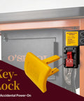 No Sweat Paddle Safety Switch With Dual Outlets And Key Lock For Router Tables And Table Saws Delivering Rock Hard 15 Amp 120 Volt Shop Control Kit Upgrade showing yellow key lock and red switch.