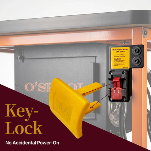 No Sweat Paddle Safety Switch With Dual Outlets And Key Lock For Router Tables And Table Saws Delivering Rock Hard 15 Amp 120 Volt Shop Control Kit Upgrade showing yellow key lock and red switch.