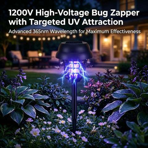 Solar Powered Bug Zapper For Outdoor Use Must Have Waterproof Mosquito Trap shown in garden at night.