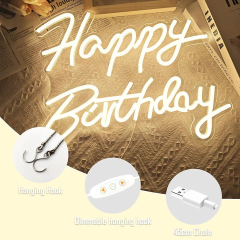 Lit Adjustable Dimmable Happy Birthday Neon Sign LED Light Up Backdrop For Parties with hooks, dimmer, USB, and chain