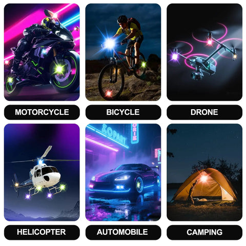 6 uses of 4 LED Cordless Strobe Lights With Remote Control on motorcycle, bicycle, drone, helicopter, car, and camping tent at night