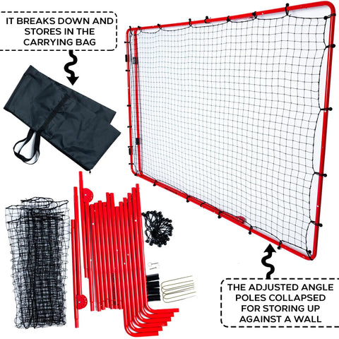 Adjustable 7x5 Volleyball Practice Rebounder Net for Quick Returns Portable Training Gear with components laid out