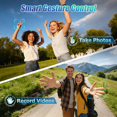 People gesturing to a camera for photos and videos, showcasing Foldable 1080P Drone With Camera For Kids And Beginners Easy To Fly Toy Gift.