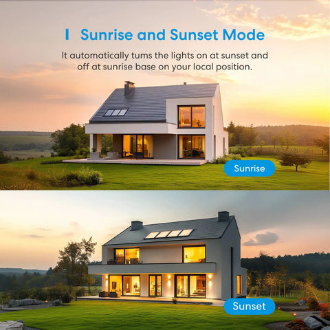 Modern home at sunrise and sunset, showcasing Smart Dimmer Switch Single Pole 2 Pack With HomeKit Alexa Google Assistant.