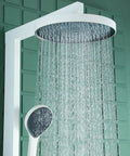 Premium Wall Mount Rain Shower System With Eight Inch Rainfall Head And Heavy Duty Handheld Combo water flow against green wall