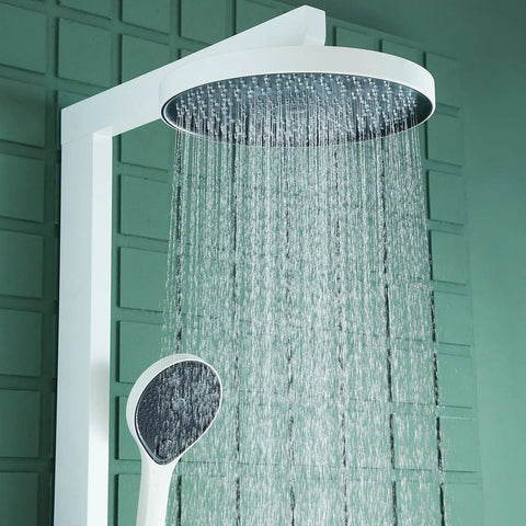 Premium Wall Mount Rain Shower System With Eight Inch Rainfall Head And Heavy Duty Handheld Combo water flow against green wall