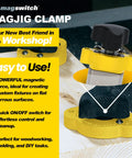 MagJig 60 Magnetic Woodworking And Welding Base Clamp Holder With On Off Capabilities shown securing wood with yellow clamp.