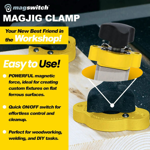 MagJig 60 Magnetic Woodworking And Welding Base Clamp Holder With On Off Capabilities shown securing wood with yellow clamp.
