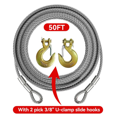 Beefy Heavy Duty Tow Cable With 2 Pick Thimble Eyes, 3/8 Inch 7x19 Steel Cable, 13980 Lbs Breaking Strength, 50 Feet, Corrosion Resistant, Aluminum Collars, Ready For Off Road Recovery And Heavy Towing