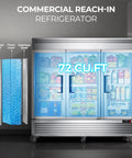 Heavy Duty Three Door Commercial Refrigerator Seventy Two Cubic Feet Stainless Steel Reach In Upright Fridge with LED lights and foam insulation