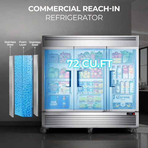 Heavy Duty Three Door Commercial Refrigerator Seventy Two Cubic Feet Stainless Steel Reach In Upright Fridge with LED lights and foam insulation
