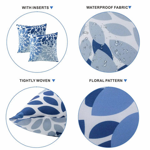 Set Of 2 Waterproof Outdoor Throw Pillows With Inserts, 18x18 Inch Square Cushions showing fabric details and floral pattern close-ups.