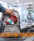 Everlit Care travel first-aid kit red pouch with 20 items, placed into a gray backpack pocket