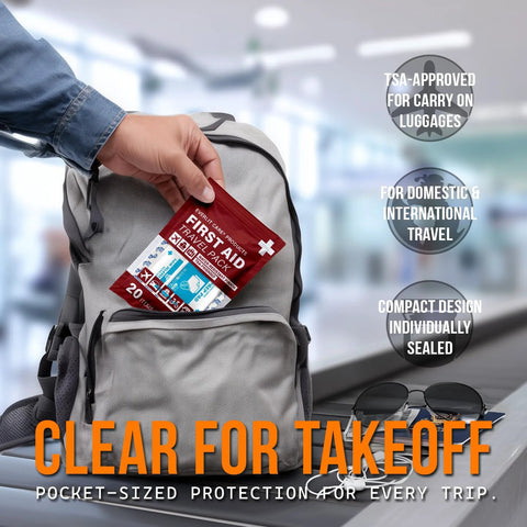 Everlit Care travel first-aid kit red pouch with 20 items, placed into a gray backpack pocket