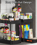 Heavy Duty Sliding Under Sink Organizers 2 Pack Black Pull Out Cabinet Drawers holding bottles and snacks in kitchen storage.