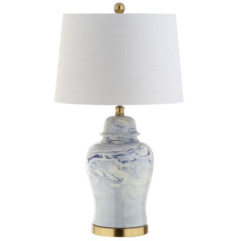 Blue And White Marble Ceramic Table Lamp In Ginger Jar Style With Brass Gold Base And White Linen Drum Shade 26 Inches Tall LED Bulb Included ETL Listed For Safety Classic Yet Modern Home Accent