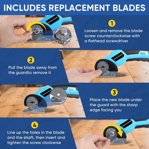 Heavy Duty Cordless Electric Scissors With Led Light Upgraded Power 0.35 Inch Blade, replacement blade installation steps on wooden surface.