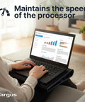 Person using 17 Inch Dual Fan Laptop Chill Mat With Soft Neoprene Surface, Keeps Your Laptop Cool And Comfortable, on sofa