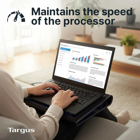 Person using 17 Inch Dual Fan Laptop Chill Mat With Soft Neoprene Surface, Keeps Your Laptop Cool And Comfortable, on sofa