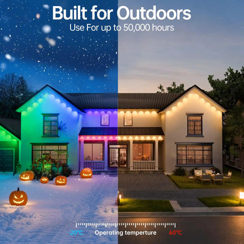 Outdoor String Lights for Patio and Backyard LED Waterproof Shatterproof Bulbs 300 ft Total house in winter and summer view