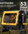 Outdoor Dual Chamber 53 Gallon Compost Tumbler With 360 Degree Spin Sliding Doors Solid Steel Frame shown in a backyard setting.