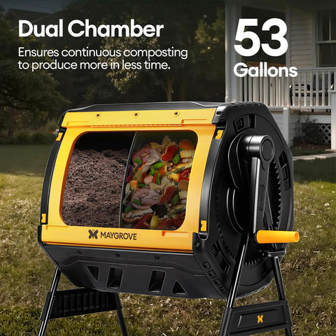 Outdoor Dual Chamber 53 Gallon Compost Tumbler With 360 Degree Spin Sliding Doors Solid Steel Frame shown in a backyard setting.