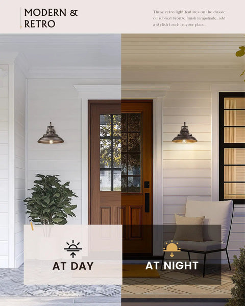 12 Inch Vintage Farmhouse Outdoor Wall Sconces 2 Pack Oil Rubbed Bronze Finish Curved Arm Barn Lights, day and night view by porch